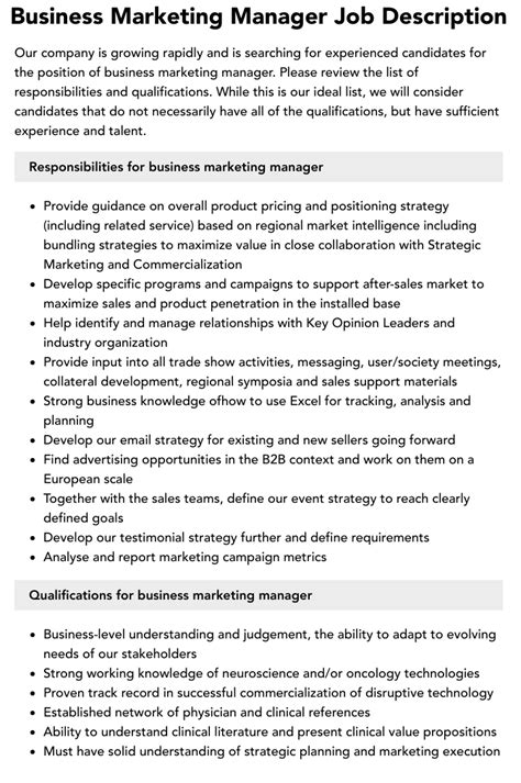 Business Marketing Manager Job Description Velvet Jobs