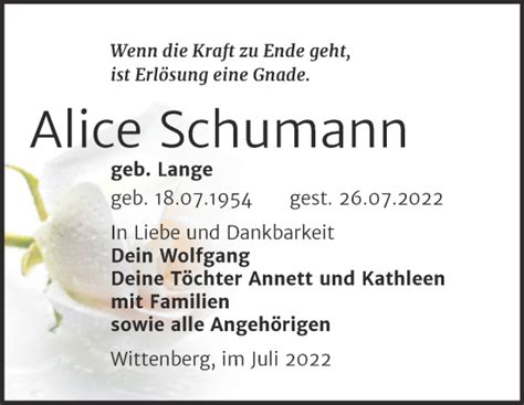 Traueranzeigen Von Alice Schumann Abschied Nehmen De