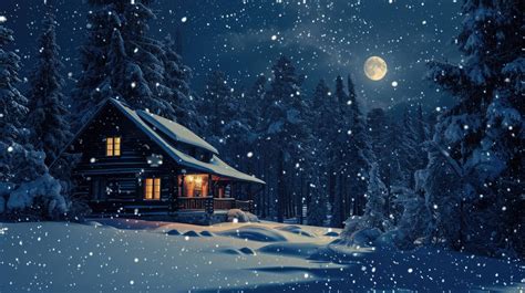 Winter Cabin Night Snow Covered Cabin Full Moon Snowy Landscape Cozy