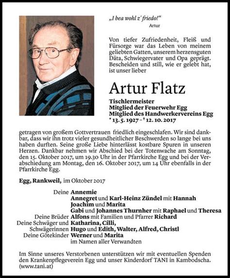 Todesanzeigen Von Artur Flatz Todesanzeigen Vorarlberger Nachrichten