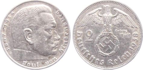 Drittes Reich 2 Reichsmark 1938 E Hindenburg Ss MA Shops