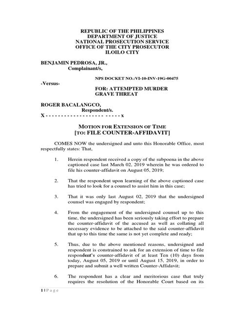 Motion For Extension To File Counter Affidavit Bacalangco Pdf