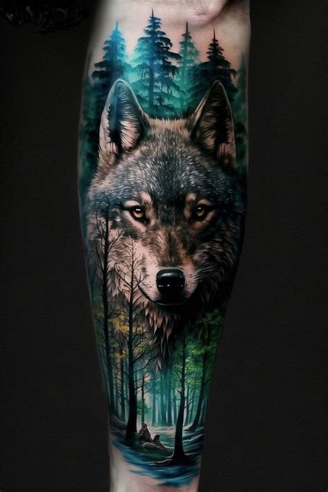 Tattoo Wolf And Forest In Creepy Realism On The Forearm Wolf Tattoos