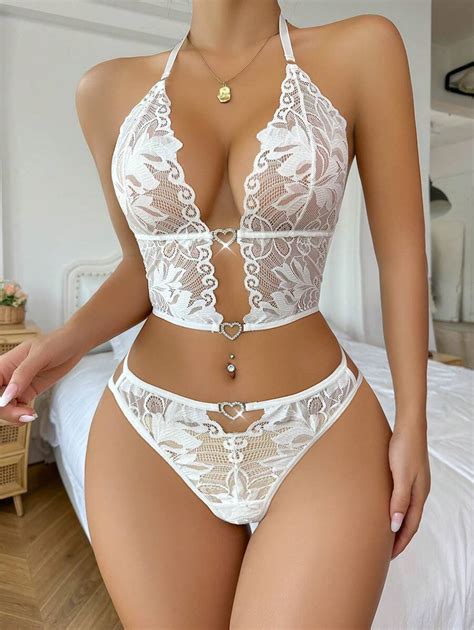 Shein Floral Lace Heart Ring Linked Lingerie Set Shein Usa