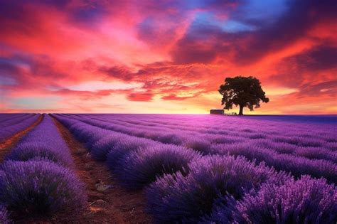 Premium AI Image Purple Lavender Field With A Purple Sunset And A