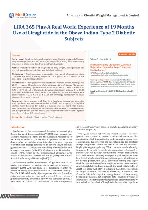 Pdf Lira 365 Plus A Real World Experience Of 19 Months Use Of Liraglutide In The Obese Indian