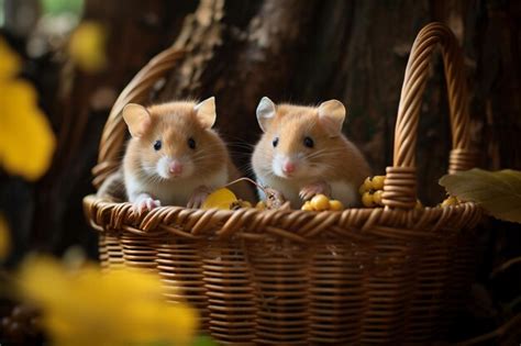 Premium AI Image Two Hamsters Sitting In A Basket With Yellow Flowers