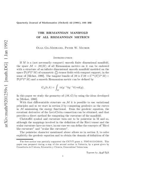 (PDF) THE RIEMANNIAN MANIFOLD OF ALL RIEMANNIAN METRICS | Peter Michor - Academia.edu