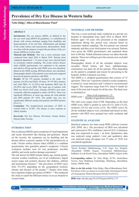 Pdf Prevalence Of Dry Eye Disease In Western India