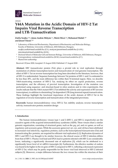 Pdf Y44a Mutation In The Acidic Domain Of Hiv 2 Tat Impairs Viral