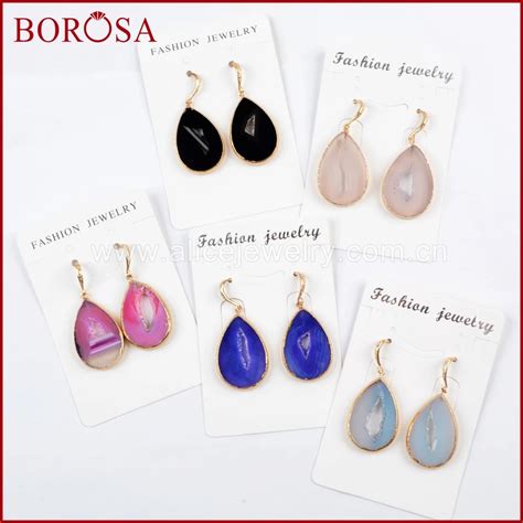 Borosa Gold Color Drop Natural Druzy Geode Agates Dangle Earrings Fashion 5pairs Mixed Drusy