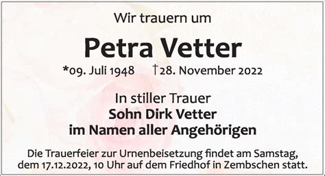 Traueranzeigen Von Petra Vetter Trauer Anzeigen De