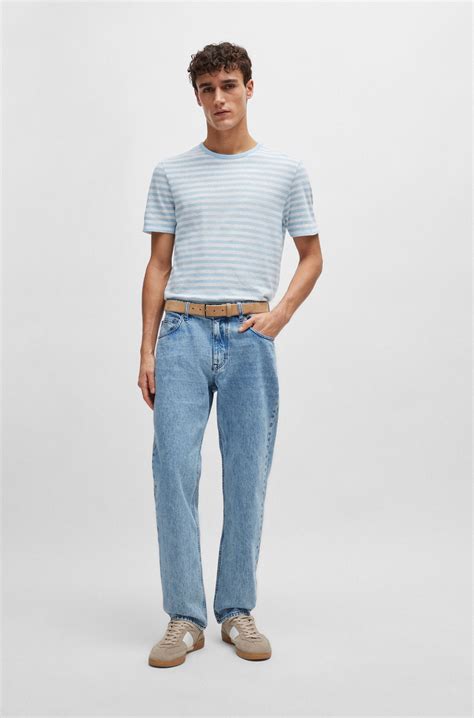 Boss Horizontal Stripe T Shirt In Cotton And Linen