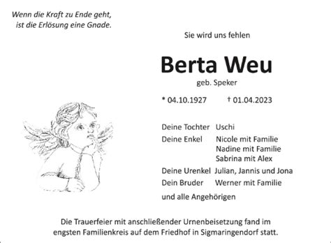 Traueranzeigen Von Berta Weu Schwaebische De Trauerportal