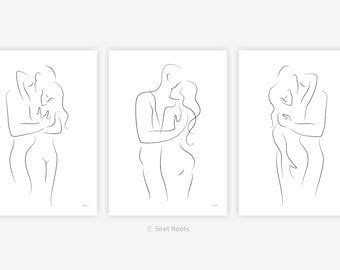 Three Line Drawings Of Two People Hugging Each Other