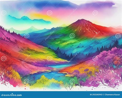 Colorful Landscape Art: Inspired Sketches in Ink Watercolor Style Stock ...