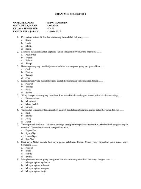 Soal Agama Katolik Kelas 1 Contoh Soal Agama Kelas 8 Semester 1