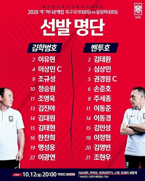 한국 축구 국가대표 일정 12일 벤투호와 김학범호의 친선경기 2차전 선수명단 발표