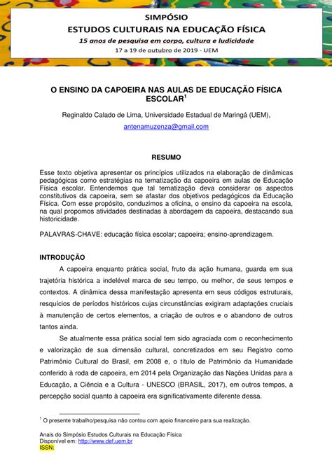 Pdf O Ensino Da Capoeira Nas Aulas De Educa O F Sica Escolar