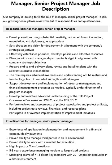 Manager Senior Project Manager Job Description Velvet Jobs