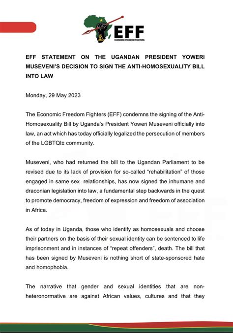 Economic Freedom Fighters On Twitter Eff Statement On The Ugandan