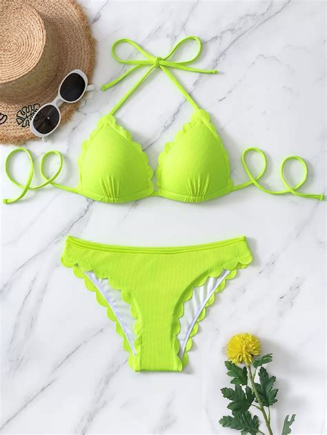 Shein Swim Vcay Scallop Bikini Set Push Up Bra Bikini Bottom Piece