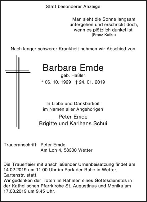 Traueranzeigen Von Barbara Emde Trauer In Nrw De