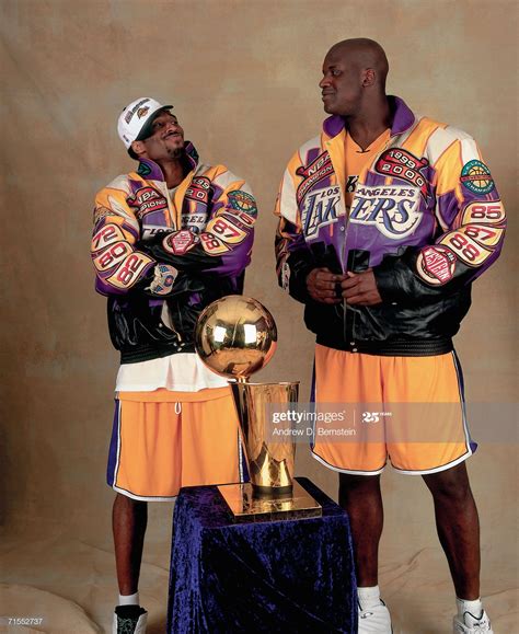 Shaquille O'Neal and Kobe Bryant of the Los Angeles Lakers pose for a