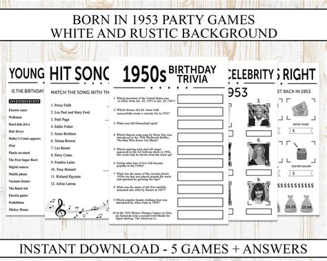 70th Birthday Party Games Printable Born In 1953 1950s Game Etsy