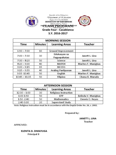 Class Program Grade Four Casablanca S Y 2016 2017 Morning Session Time Minutes Learning