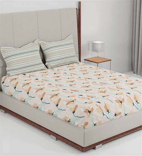 Buy Beige Floral 144 Tc 100 Cotton Queen Sized Bed Sheets With 2