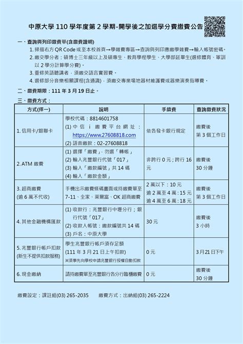 中原大學110學年度第2學期學雜費繳費公告 中原大學電機資訊學院人工智慧應用學士學位學程