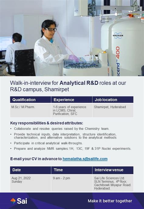 Sai Life Sciences Ltd Walk In Interviews For Analytical R D Roles On