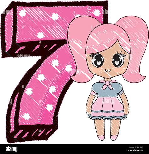 cute number seven and anime girl icon over white background, vector ...