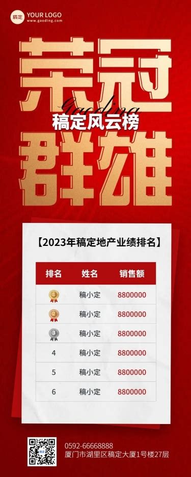 地产销售中介业绩红金喜报排行榜长图海报图片模板素材 稿定设计