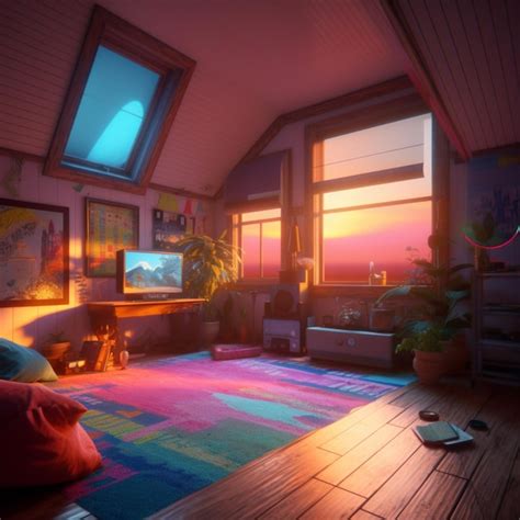 Brightly Lit Room With A Television And A Colorful Rug Generative Ai