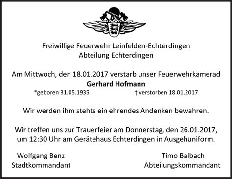 Traueranzeigen Von Gerhard Hofmann Stuttgart Gedenkt De