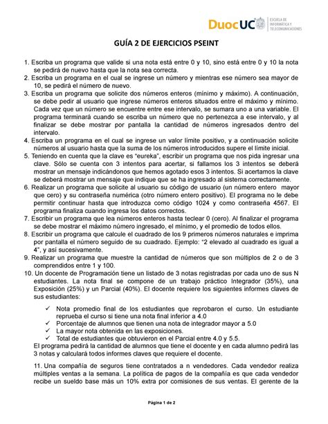 Guía Ejercicios 2 Pseint GuÍa 2 De Ejercicios Pseint Escriba Un Programa Que Valide Si Una