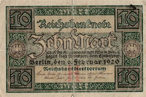 REICHSBANKNOTE ZEHN MARK Berlin 1920 Reichsbankdirektorium Original EUR