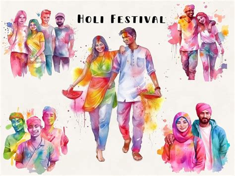 Holi Festival Print Art Illustration Holi Clipart Watercolor Indian Festival Illustration Bundle ...