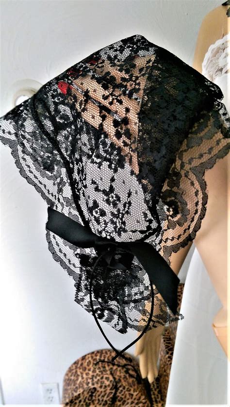 Black Lace Mantilla Sheer Head Scarf Veil For Funeral Or Church Services 2 Piece Funeral