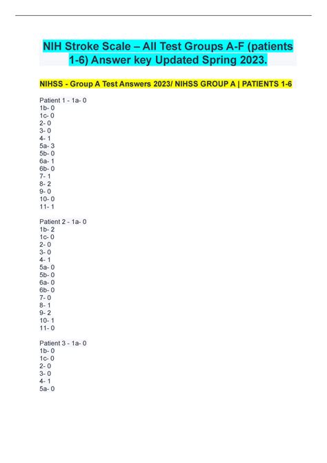 Nih Stroke Scale All Test Groups A F Patients Answer Key