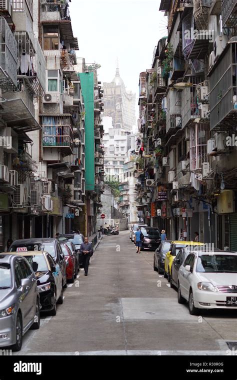 Street In Macau With Grand Lisboa Building In The Background Stock