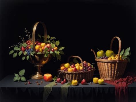 Premium AI Image | A painting of fruit and a basket with a flower on it