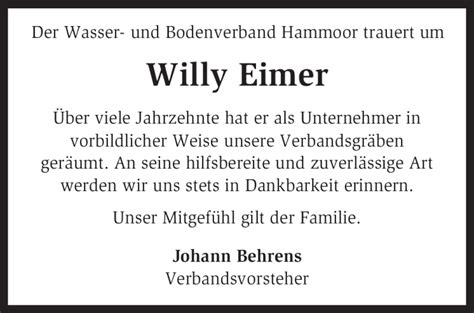 Traueranzeigen Von Willy Eimer Trauer Kreiszeitung De