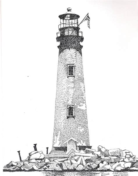 Stipple Drawing Of Sand Island Lighthouse At Ft Morgan Al Watercolor