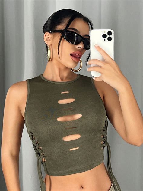 SHEIN ICON Cut Out Lace Up Side Crop Tank Top SHEIN USA