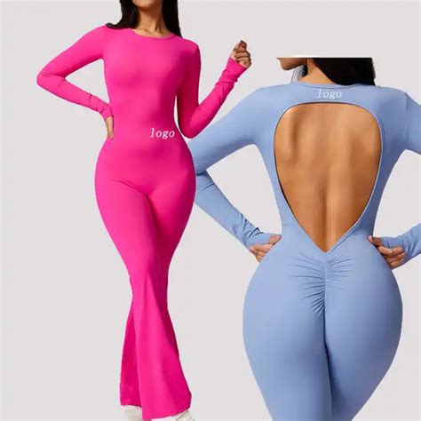 Nude Feel Compression Sexy Hollow Women Yoga Jumpsuit Scrunched Flare Bodysuit Playsuit Gym