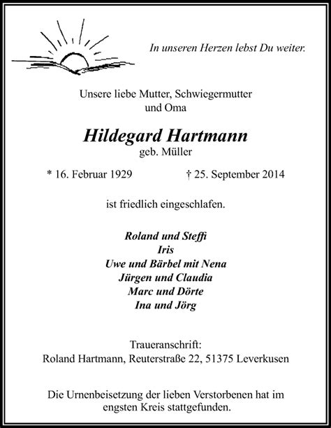 Traueranzeigen Von Hildegard Hartmann Wirtrauern