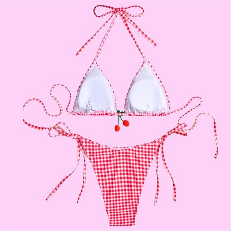 Cherry Detail Gingham Print Two Piece Bikini Set